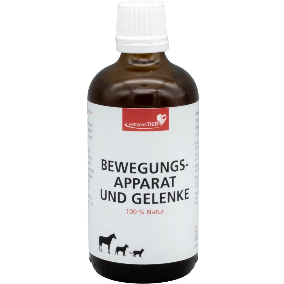 Braune Flasche mit weißem Etikett. Text: Bewegungsapparat und Gelenke, 100% Natur. Logo: HerzensTier.