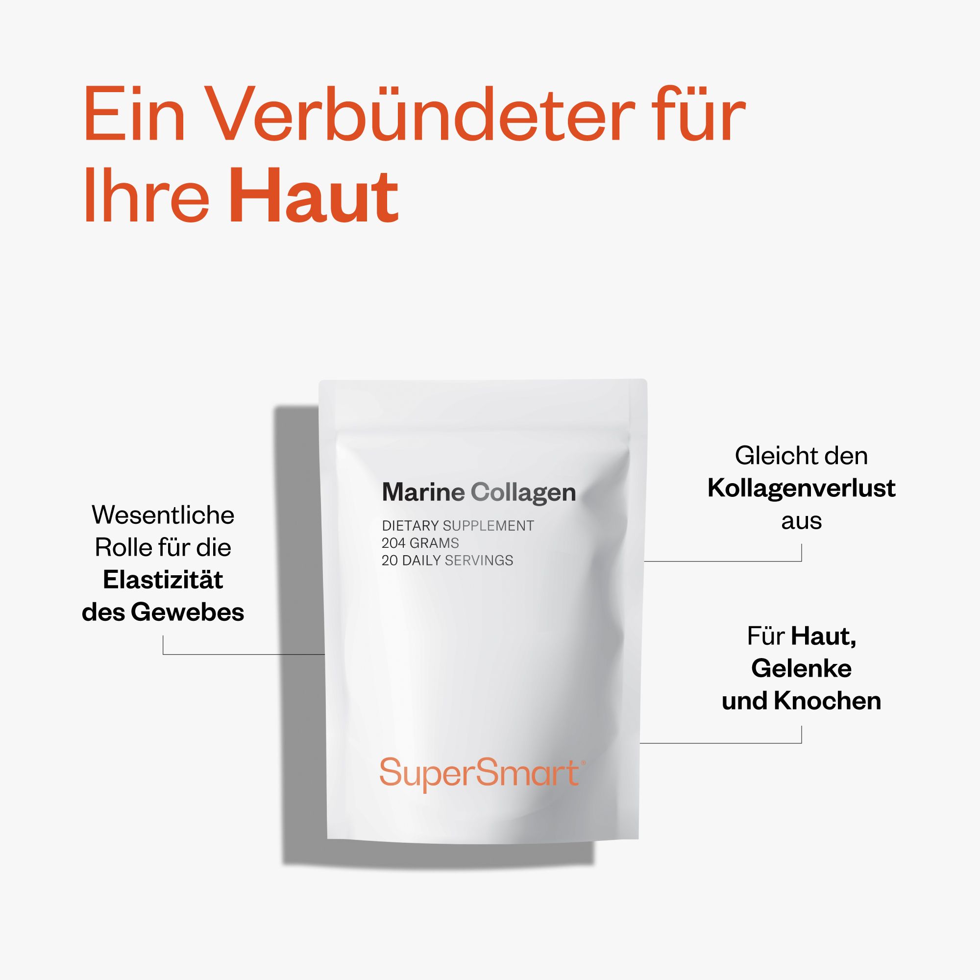 Marine Collagen Beutel mit Text. Aufschrift: Marine Collagen, 204 Gramm, 20 Tagesportionen. Marke: SuperSmart. Text über Haut.