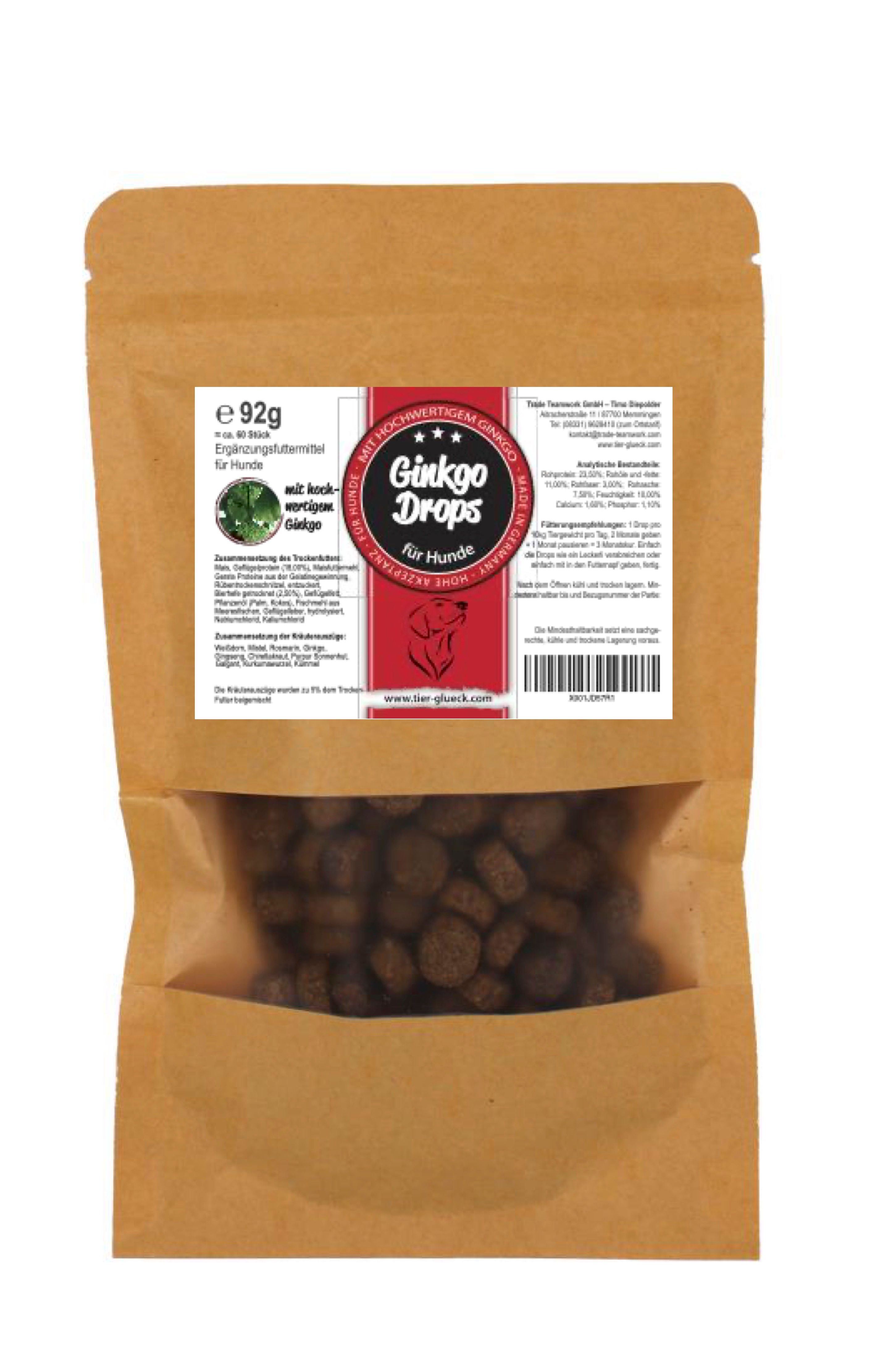 TierGlück Ginkgo Drops mit Mistel, Rosmarin & Kurkuma für Hunde 92 g Futter