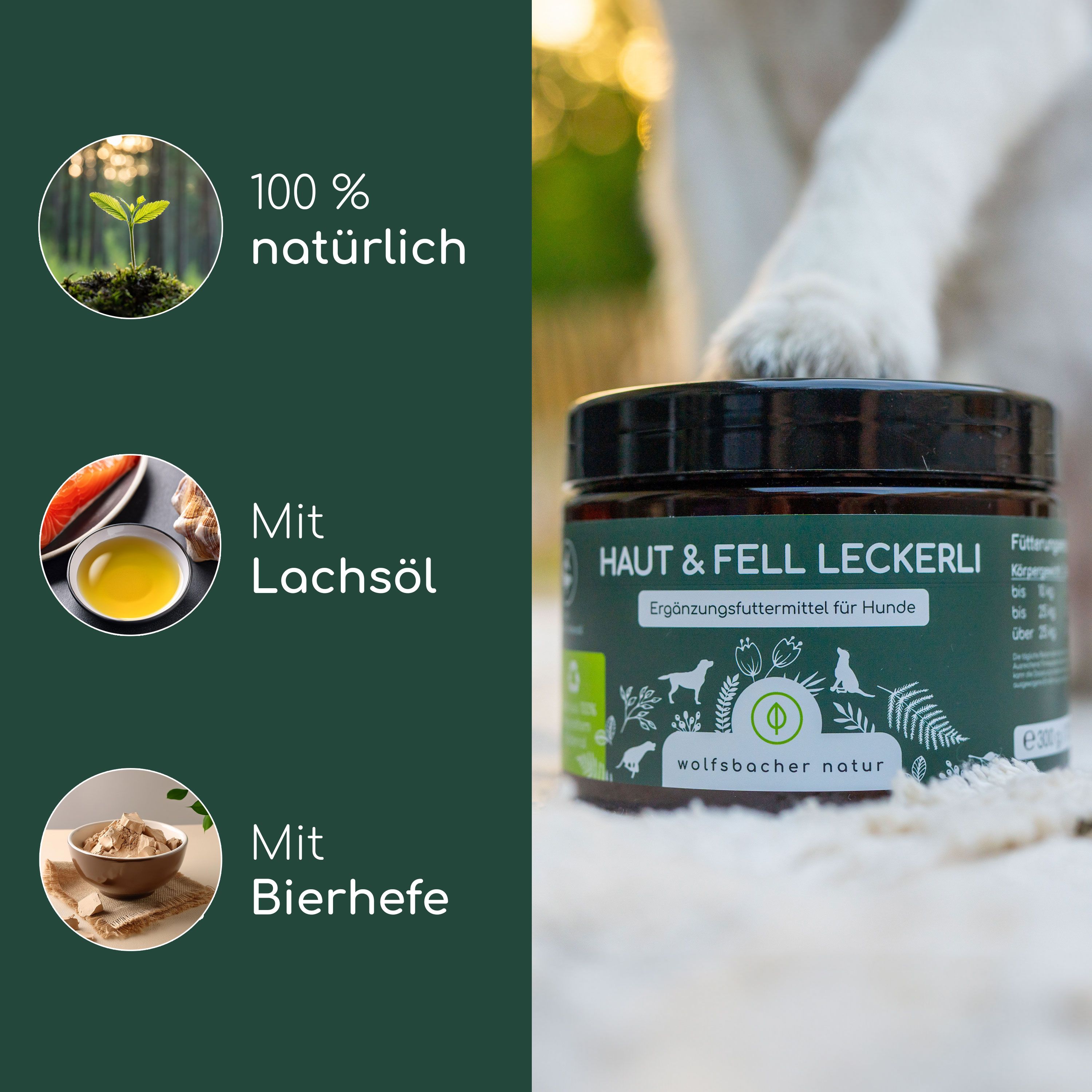 Dose mit Leckerlis, daneben Icons: Lachsöl, Bierhefe, 100% natürlich. Aufschrift: Haut & Fell Leckerli. Ergänzungsfuttermittel für Hunde.