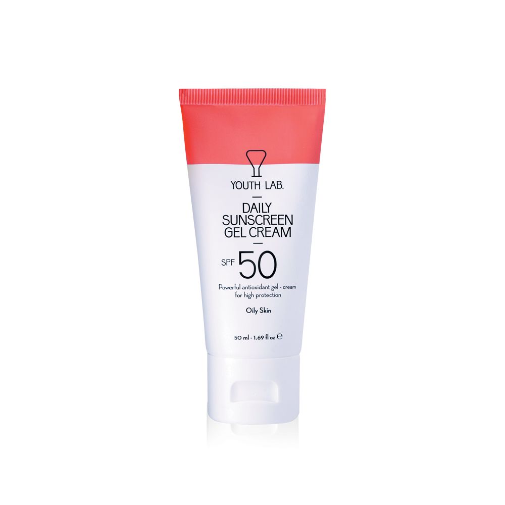 Weiß-rosa Tube mit Aufschrift YOUTH LAB, Daily Sunscreen Gel Cream SPF50. Für fettige Haut. Enthält 50 ml.