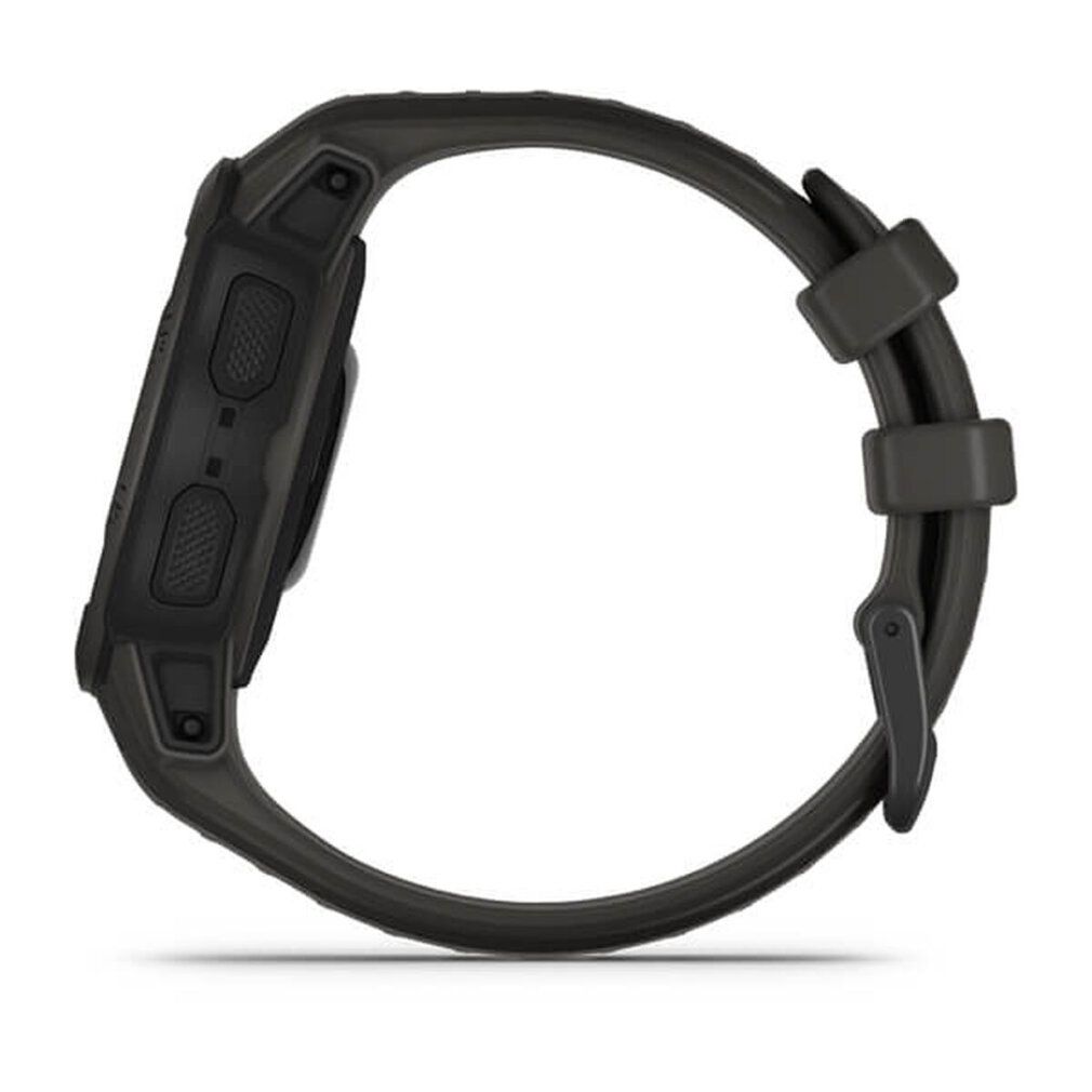 Schwarze Smartwatch, Seitenansicht. Zeigt Armband und Knöpfe. Garmin-Logo nicht sichtbar.