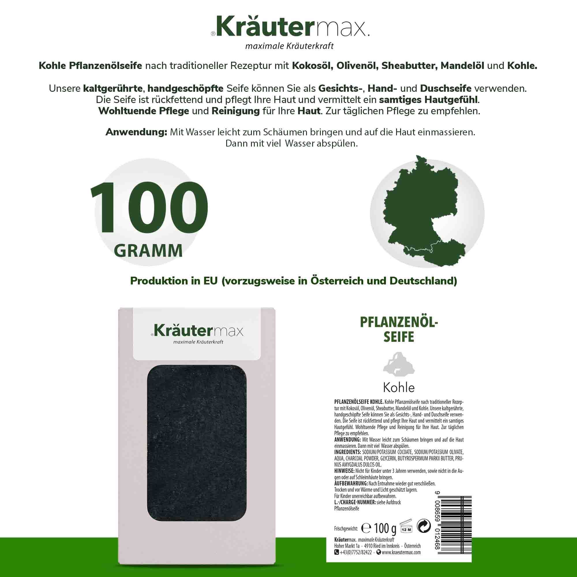 Verpackung mit Kräutermax Kohle Seife. Rückseite mit Produktinformationen, 100 Gramm, EU-Produktion.
