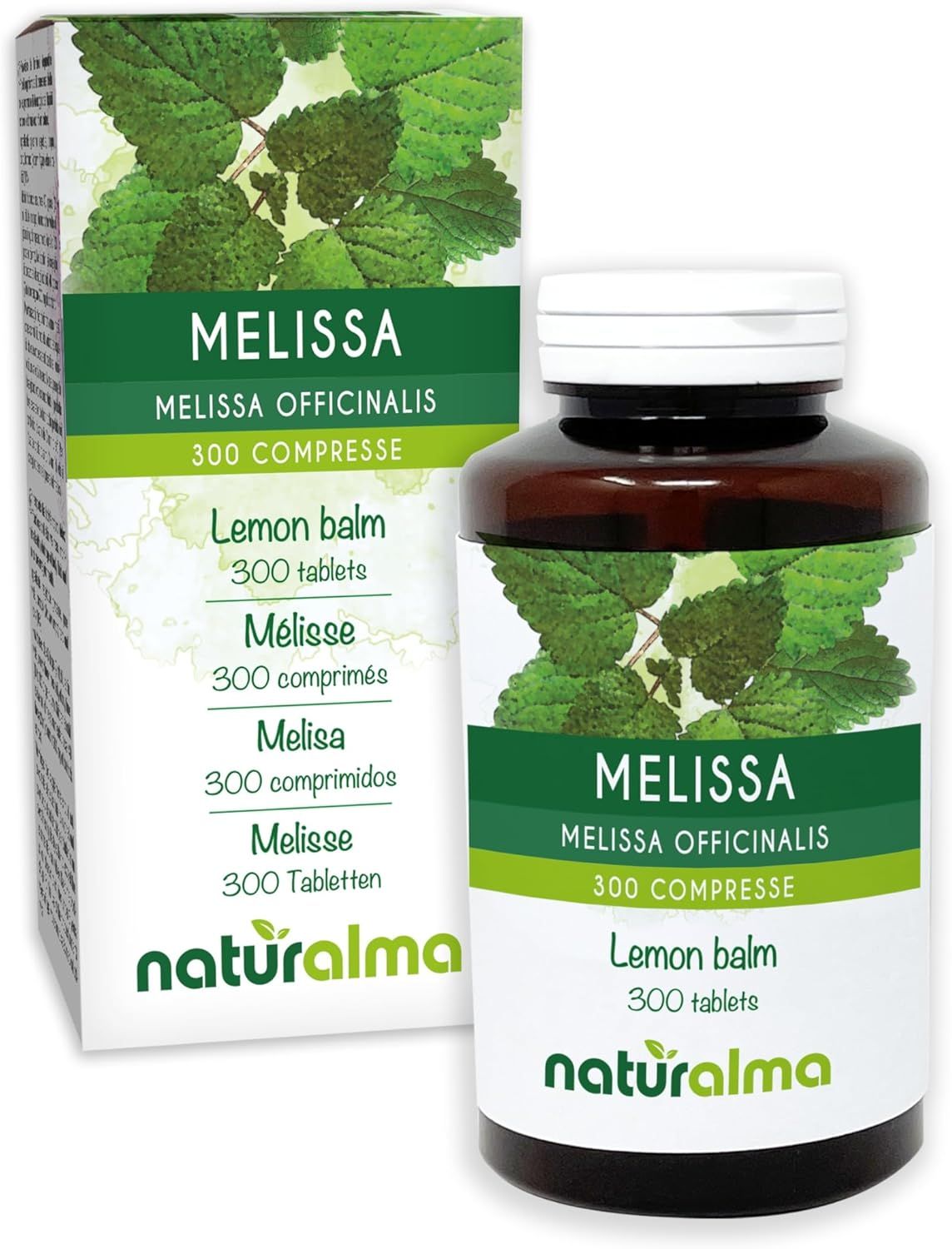 Tablettenflasche und -schachtel. Aufschrift: Melisse, 300 Tabletten. NaturAlmas Logo.