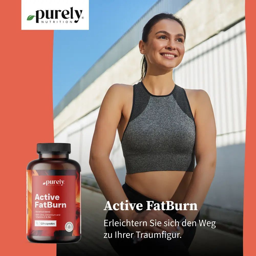 Frau in Sportkleidung neben Flasche mit Active FatBurn. Text: Erleichtern Sie sich den Weg zu Ihrer Traumfigur.