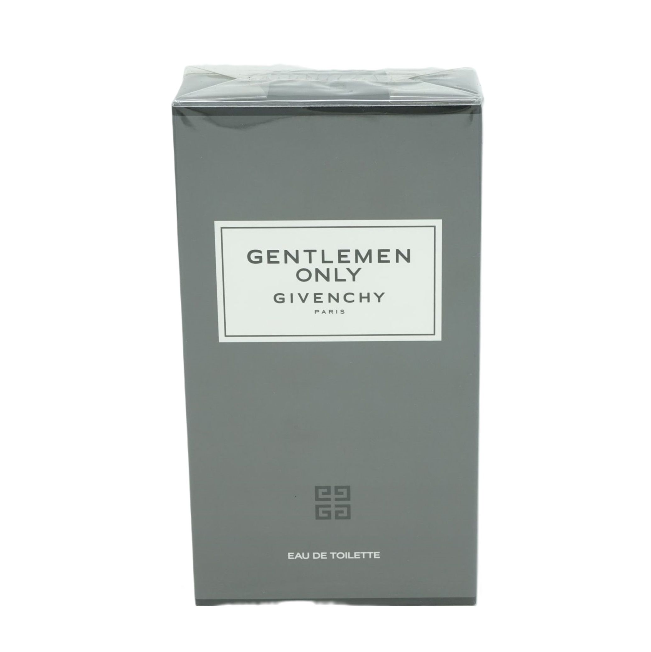 Graue rechteckige Schachtel. Aufschrift: GENTLEMEN ONLY, GIVENCHY, Paris. Unterhalb: Eau de Toilette. Logo unten.