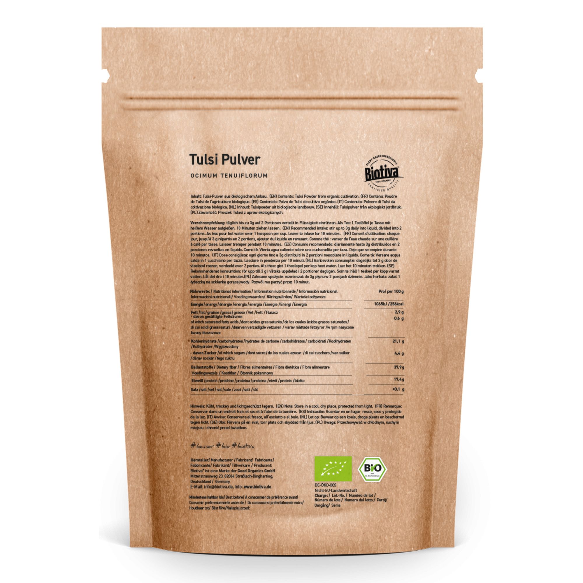 Rückseite der Biotiva Tulsi Pulver Verpackung. Enthält Informationen zu Inhaltsstoffen und Nährwerten. Bio-Siegel.