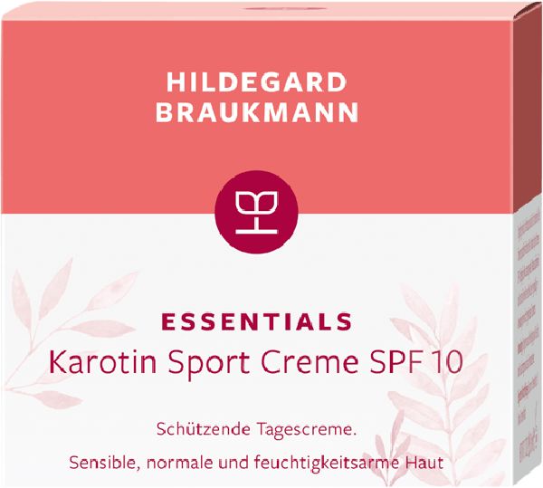 Hildegard Braukmann Essentials Karotin Sport Creme SPF 10. Weißer Tiegel mit rosa Deckel und Produktbezeichnung.