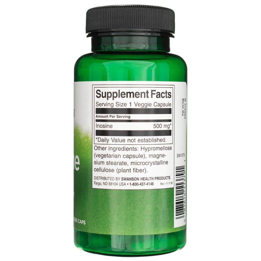 Grüne Kapsel mit Supplement-Fakten-Etikett, Inosin 500 mg pro Veggie-Kapsel.