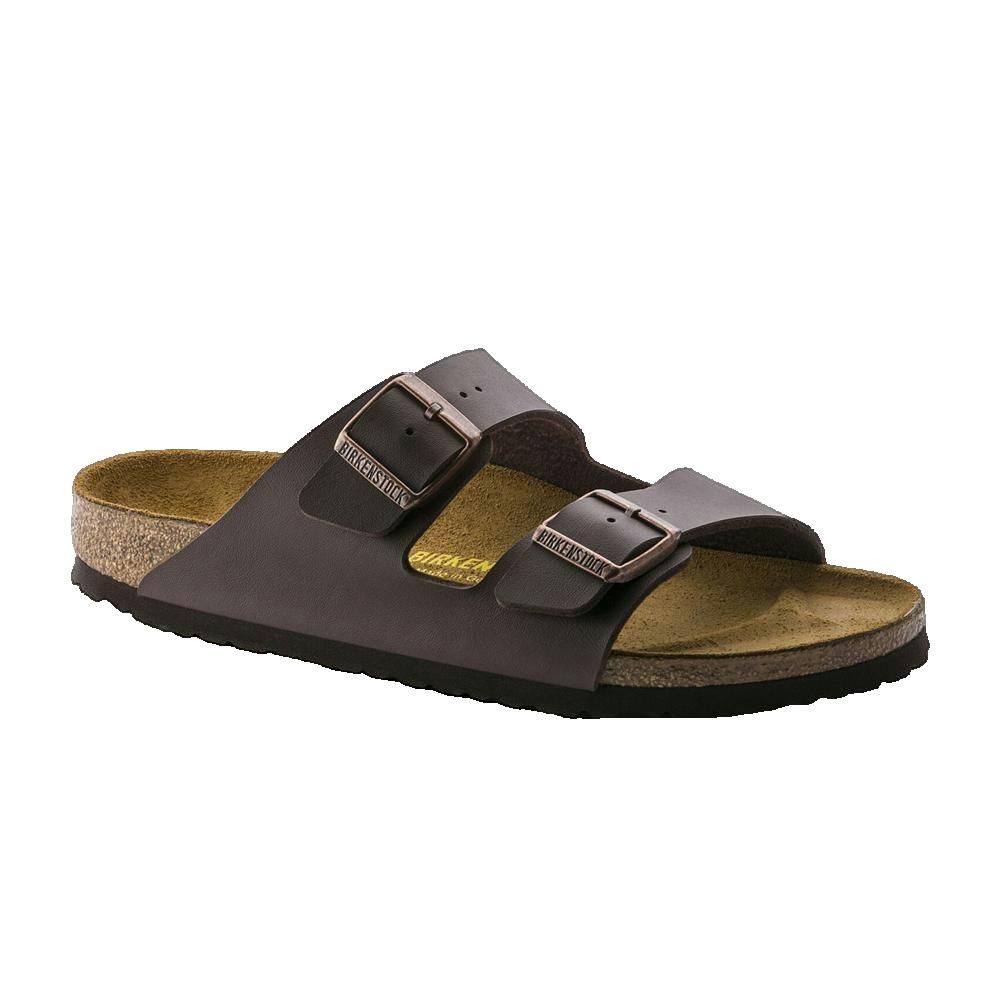 Sandalo marrone con due cinturini e fibbie. Plantare in sughero. Marchio Birkenstock sulle fibbie.