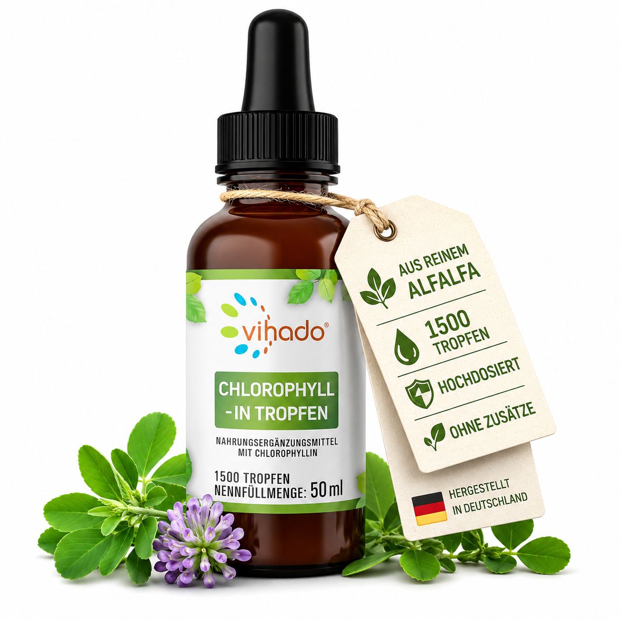 Gocce di clorofilla liquida Vihado a base di erba medica pura
