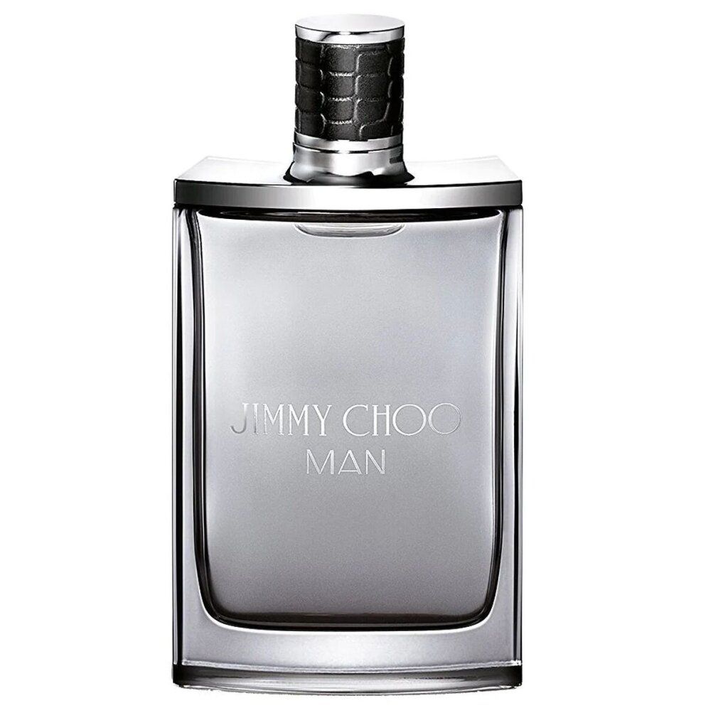 Jimmy Choo Man Eau De Toilette Flakon. Rechteckiger Flakon mit silbernem Verschluss. Logo und Produktbezeichnung auf dem Flakon.