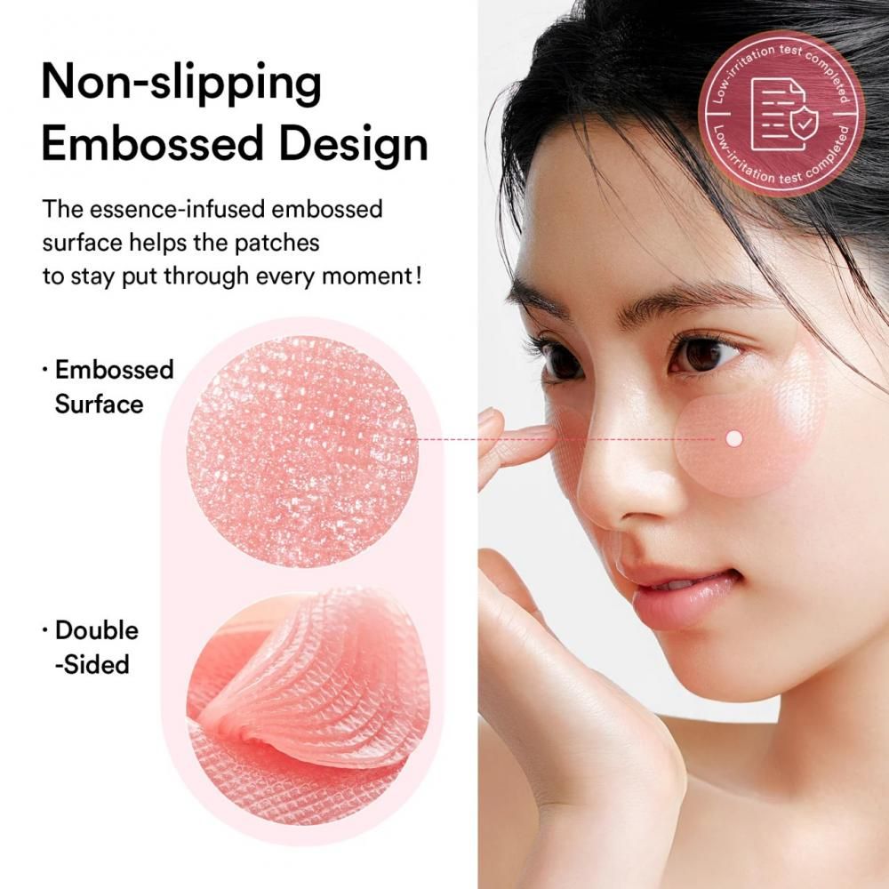 Nahaufnahme eines Augenpflasters. Text: Non-slipping Embossed Design. Zwei Abbildungen des Pflasters. Frau berührt ihr Gesicht.