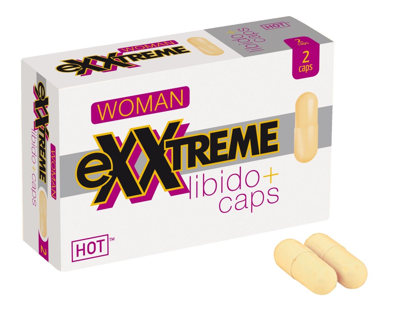 Kapseln in einer Schachtel. Aufschrift: eXXtreme libido+ caps, HOT, WOMAN. Zwei Kapseln liegen daneben.