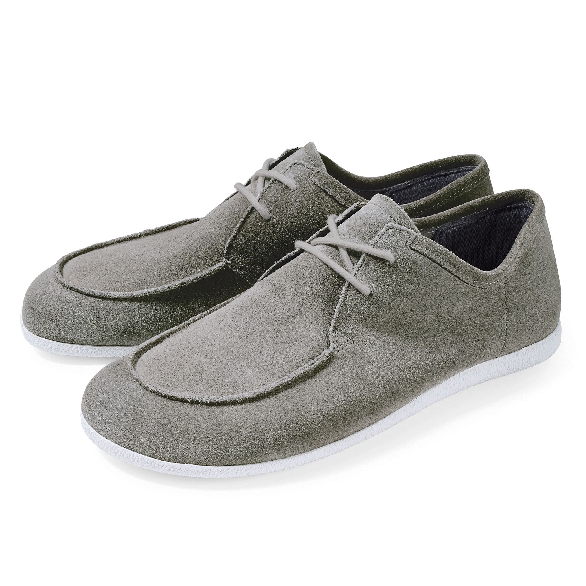 Graue Damen-Schnürschuhe aus Wildleder mit weißer Sohle.