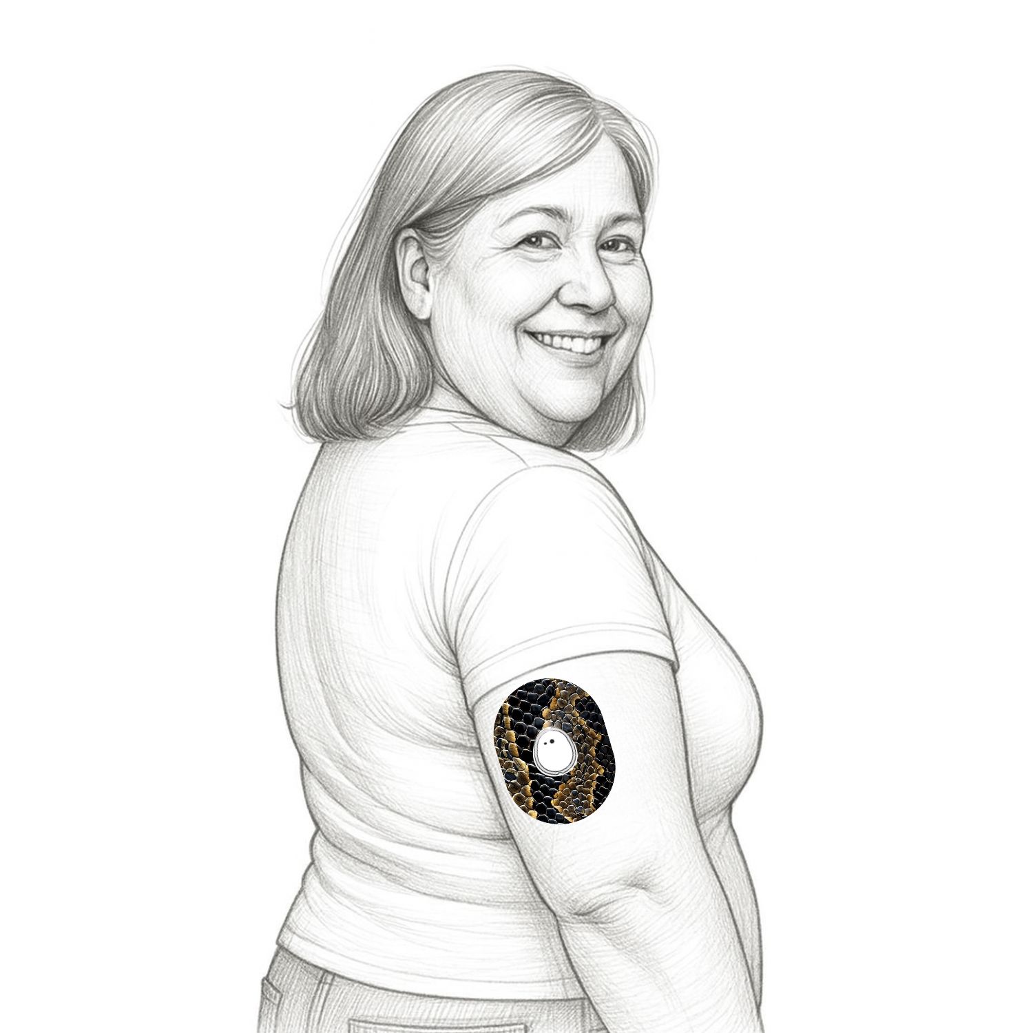 Frau mit einem runden, schlangenmusterfarbenen Glukosemonitor auf dem Oberarm.