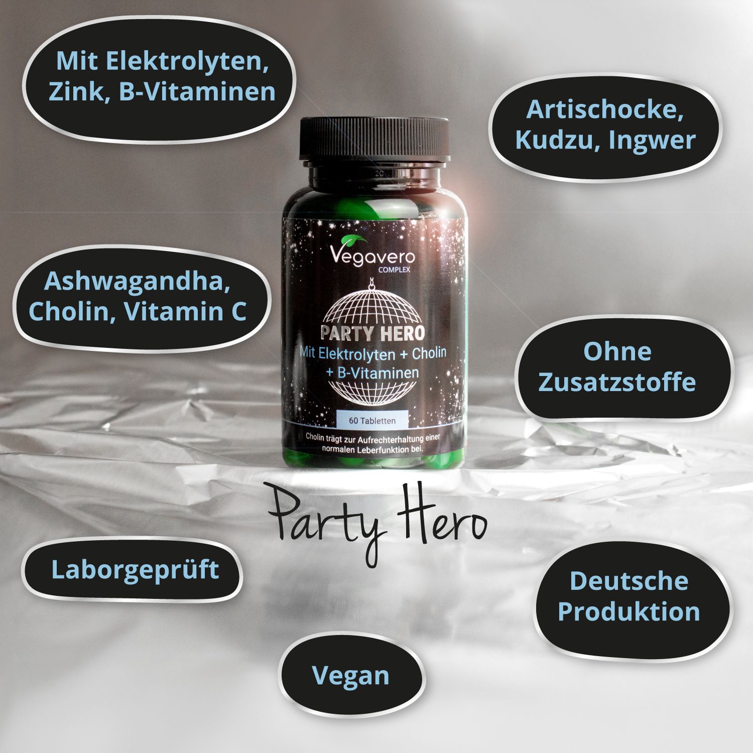 Vegavaro Party Hero Tablettenflasche, 60 Tabletten. Textfelder: Elektrolyte, Zink, B-Vitamine, Ashwagandha, Cholin, Vitamin C, ohne Zusatzstoffe, Laborgeprüft.