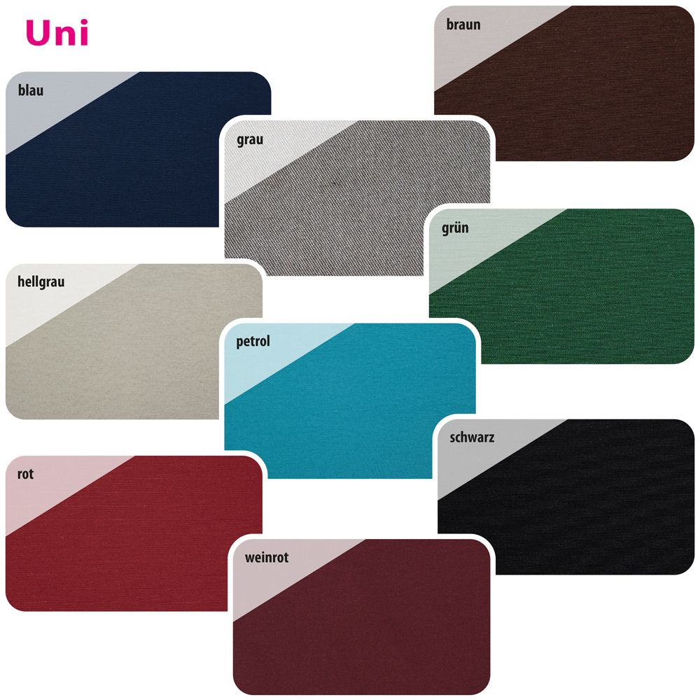 Uni-Farben: Blau, Braun, Grau, Dunkelgrün, Hellgrau, Petrol, Schwarz, Rot, Weinrot.