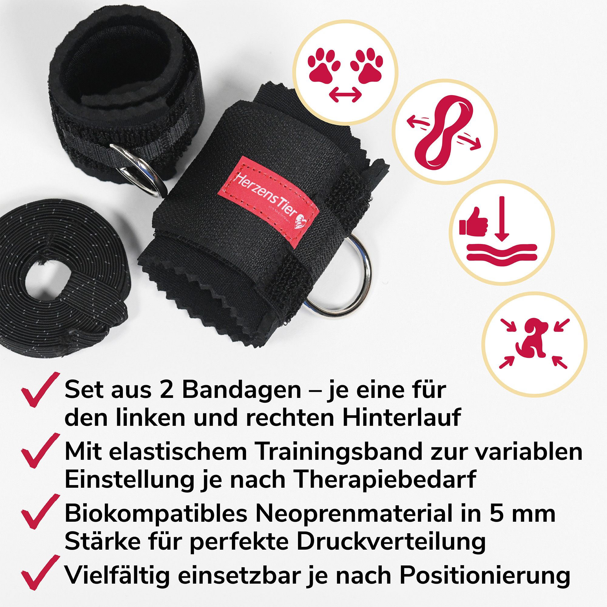 Set aus zwei schwarzen Bandagen. Eine Bandage mit HerzensTier-Etikett, Ring und Klettverschluss. Elastisches Trainingsband.