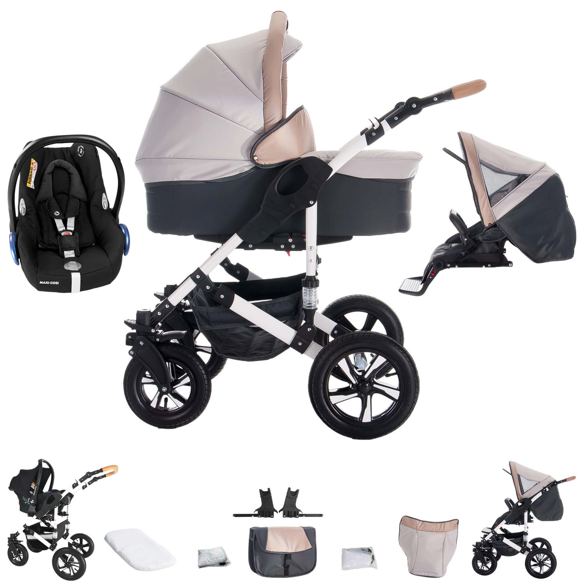 Kinderwagen-Set mit Maxi Cosi, beige und schwarz. Enthält Babywanne, Sportsitz, Autositz, Zubehör. Luft myStar.