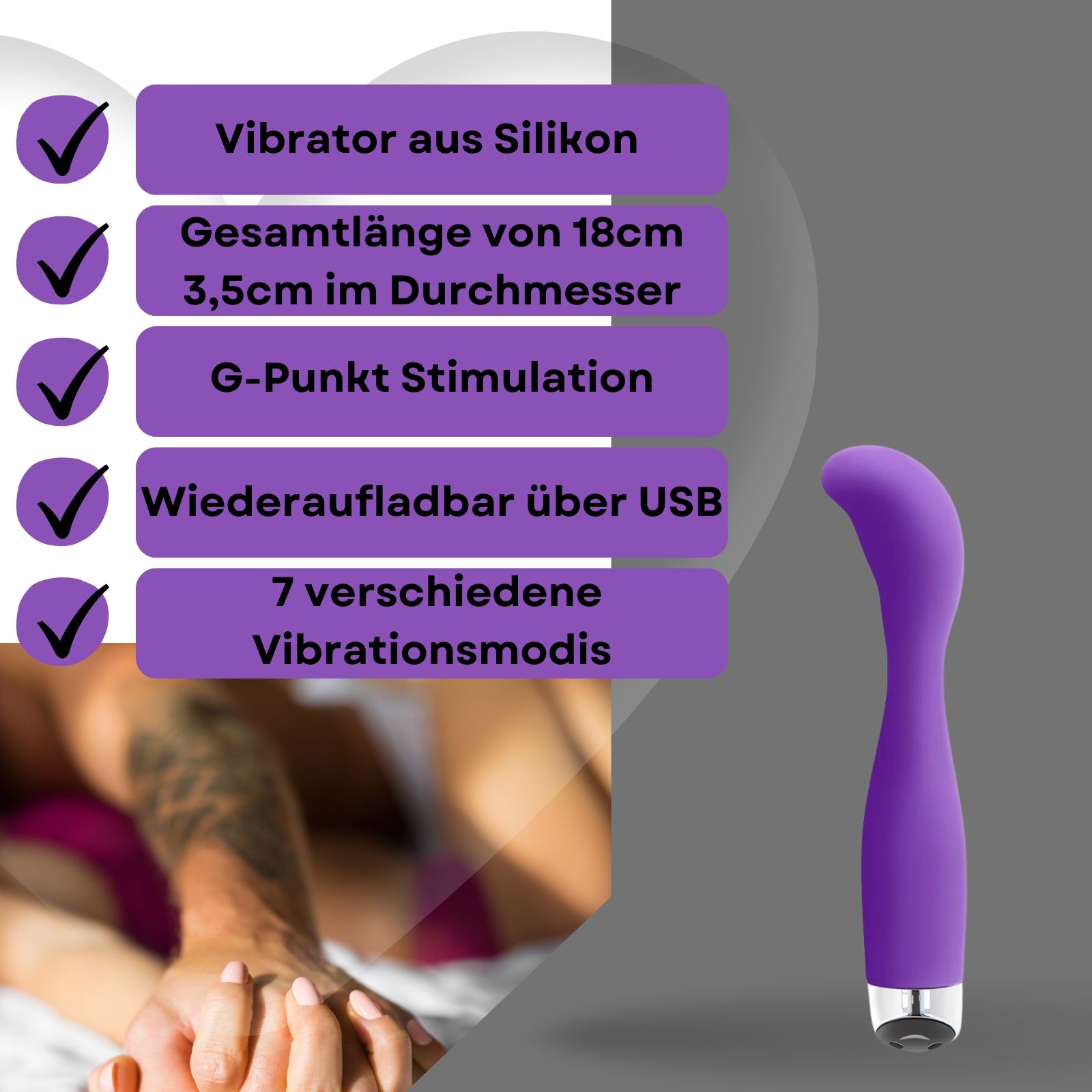 Lila Vibrator. Silikon, gebogen Form. Text: Vibrator aus Silikon, 18cm lang, 3,5cm Durchmesser, G-Punkt Stimulation, USB.