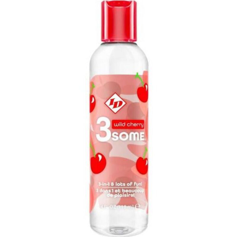 Transparente Flasche mit rotem Verschluss. Aufkleber mit Kirschmuster und Schriftzug "3SOME wild cherry".
