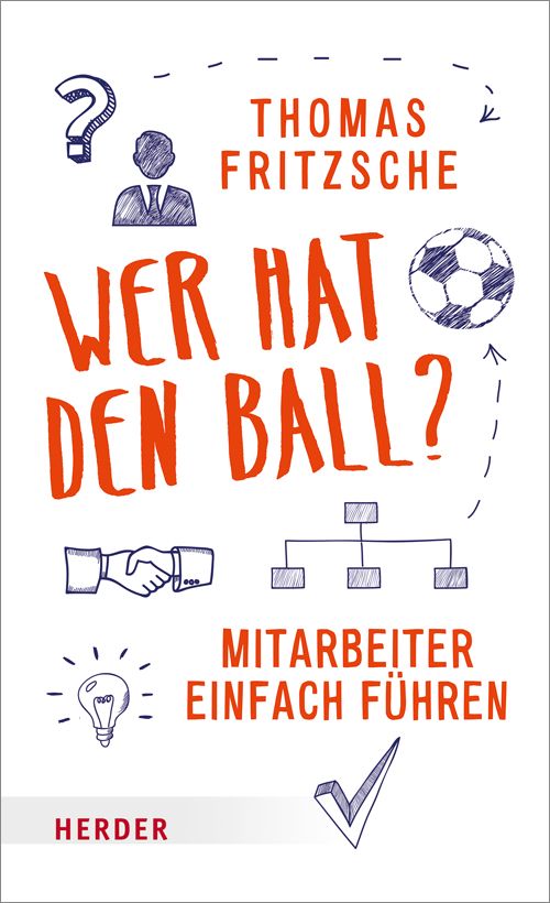 Buchcover: "Wer hat den Ball?" von Thomas Fritzsche. Titel in Rot, Illustrationen: Fußball, Händedruck, Fragezeichen, Glühbirne.