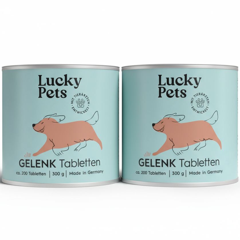 Zwei Dosen Gelenk Tabletten. Text: Lucky Pets, Gelenk Tabletten, ca. 200 Tabletten, 300g, Made in Germany.