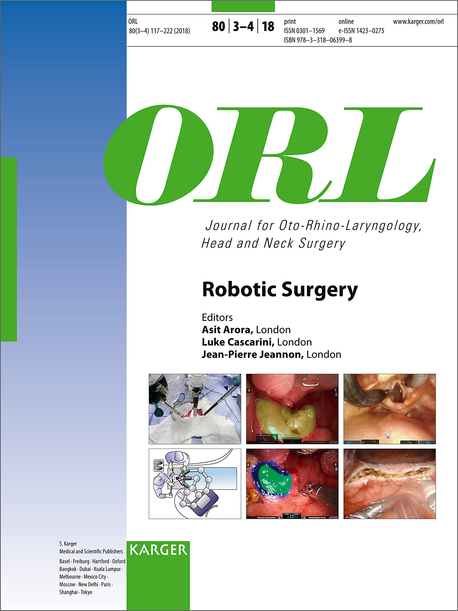 Titelblatt der Zeitschrift ORL. Titel: Robotic Surgery. Enthält Bilder von chirurgischen Eingriffen und einem Roboter-Operationssystem.