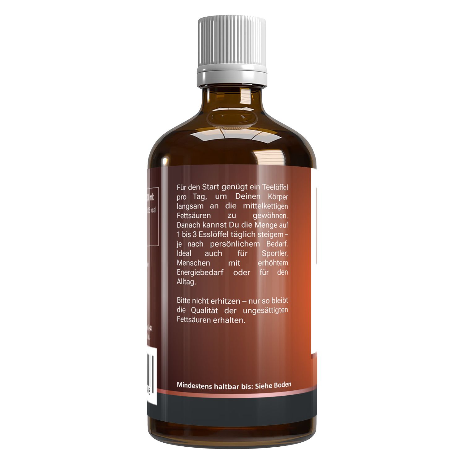 Rückseite einer braunen Glasflasche mit weißem Deckel. Text: Anwendungshinweise und Mindesthaltbarkeit.