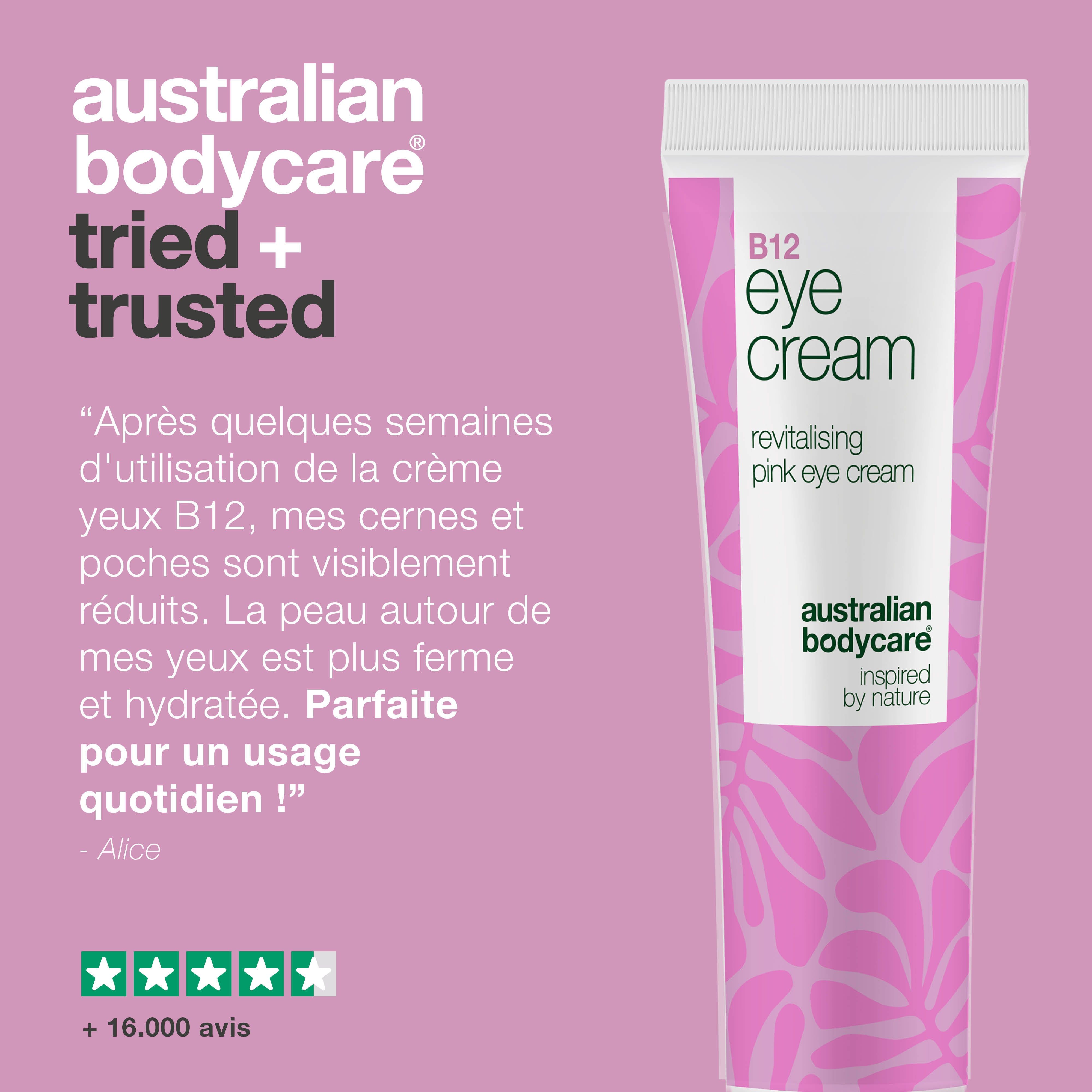 Tube de crème pour les yeux B12, crème rose. Texte : Australian Bodycare, tried + trusted, +16 000 avis, idéal pour un usage quotidien.