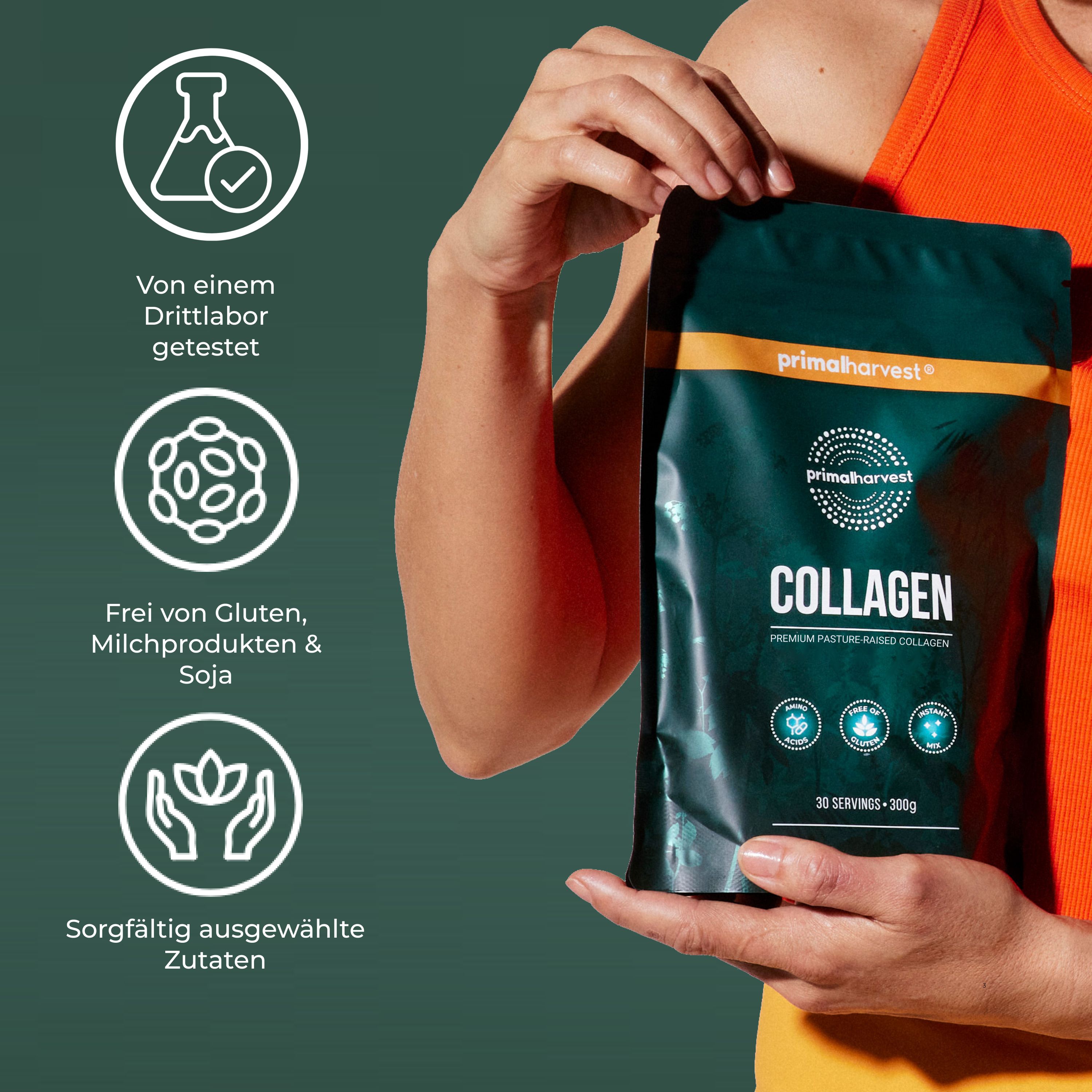 Person hält grüne Tüte Collagen Pulver von Primal Harvest®. Text: Getestet, glutenfrei, Zutaten.
