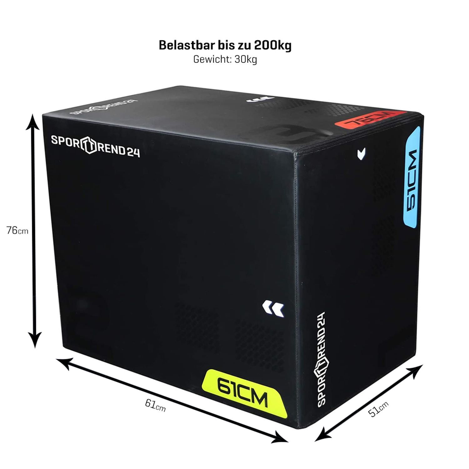 Schwarzer Plyo Box mit PVC-Ummantelung. Größenangaben: 51cm, 61cm, 76cm. Sporttrend24 Logo. Belastbar bis zu 200kg, Gewicht: 30kg.