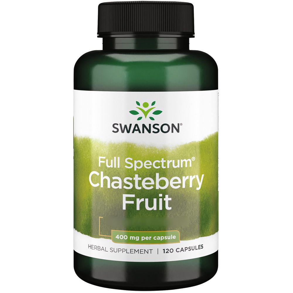 Grüne Flasche mit weißem Etikett. Aufschrift: Swanson, Chasteberry Fruit, 400 mg pro Kapsel. 120 Kapseln.