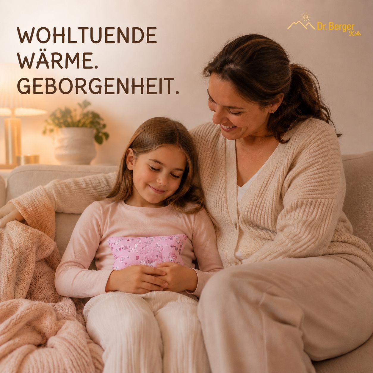 Eine Frau und ein Mädchen sitzen auf einem Sofa, das Mädchen hält ein rosa Kirschkernkissen.