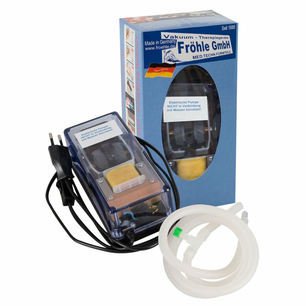 Produktverpackung und Elektropumpe. Verpackung mit Logo, Produktname und deutscher Flagge. Schlauch und Kabel.