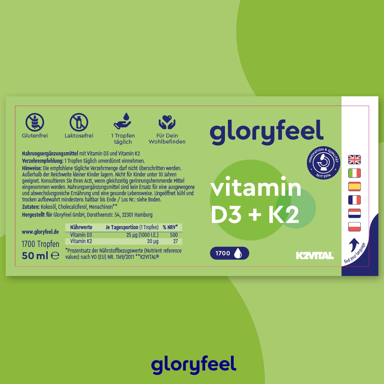 gloryfeel® Vitamin D3 K2 (K2Vital® von Kappa) Tropfen 50 ml zum Einnehmen