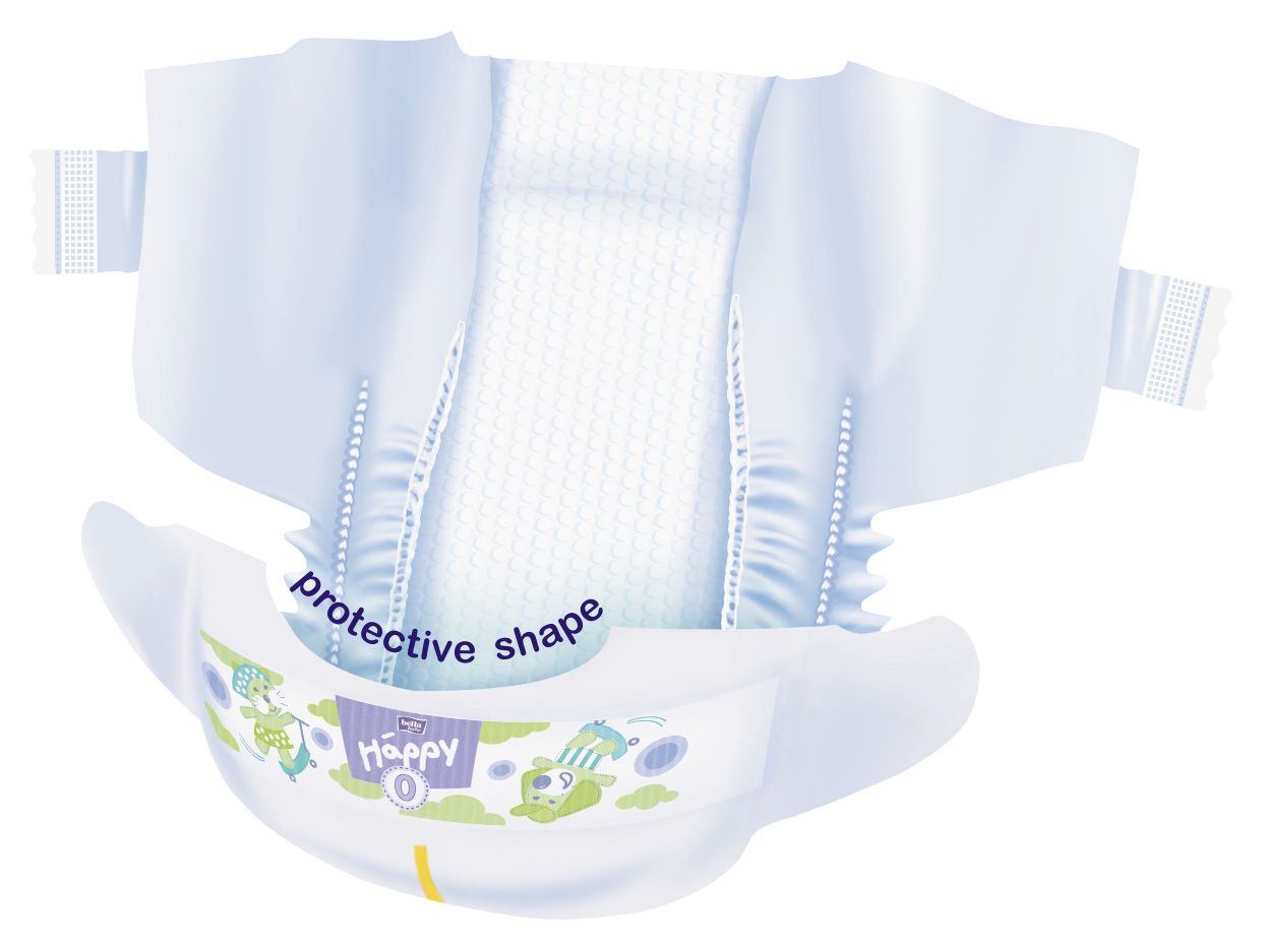 Windel mit Happy-Logo und Schutzform. Hellblau, mit seitlichen Verschlüssen und kindlichen Illustrationen.