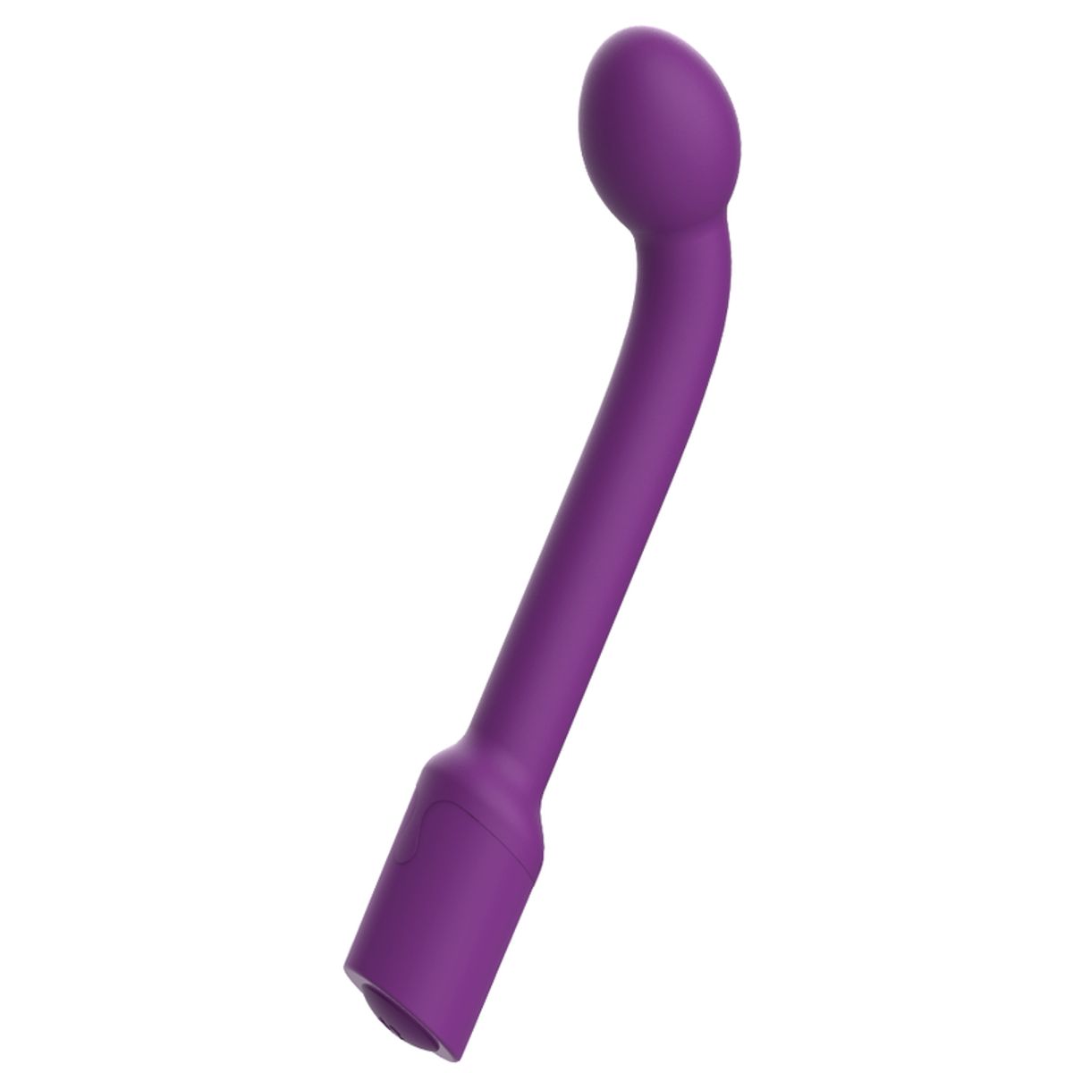 Lila Vibrator mit gebogener Form. Der Vibrator hat eine abgerundete Spitze und einen zylindrischen Griff.