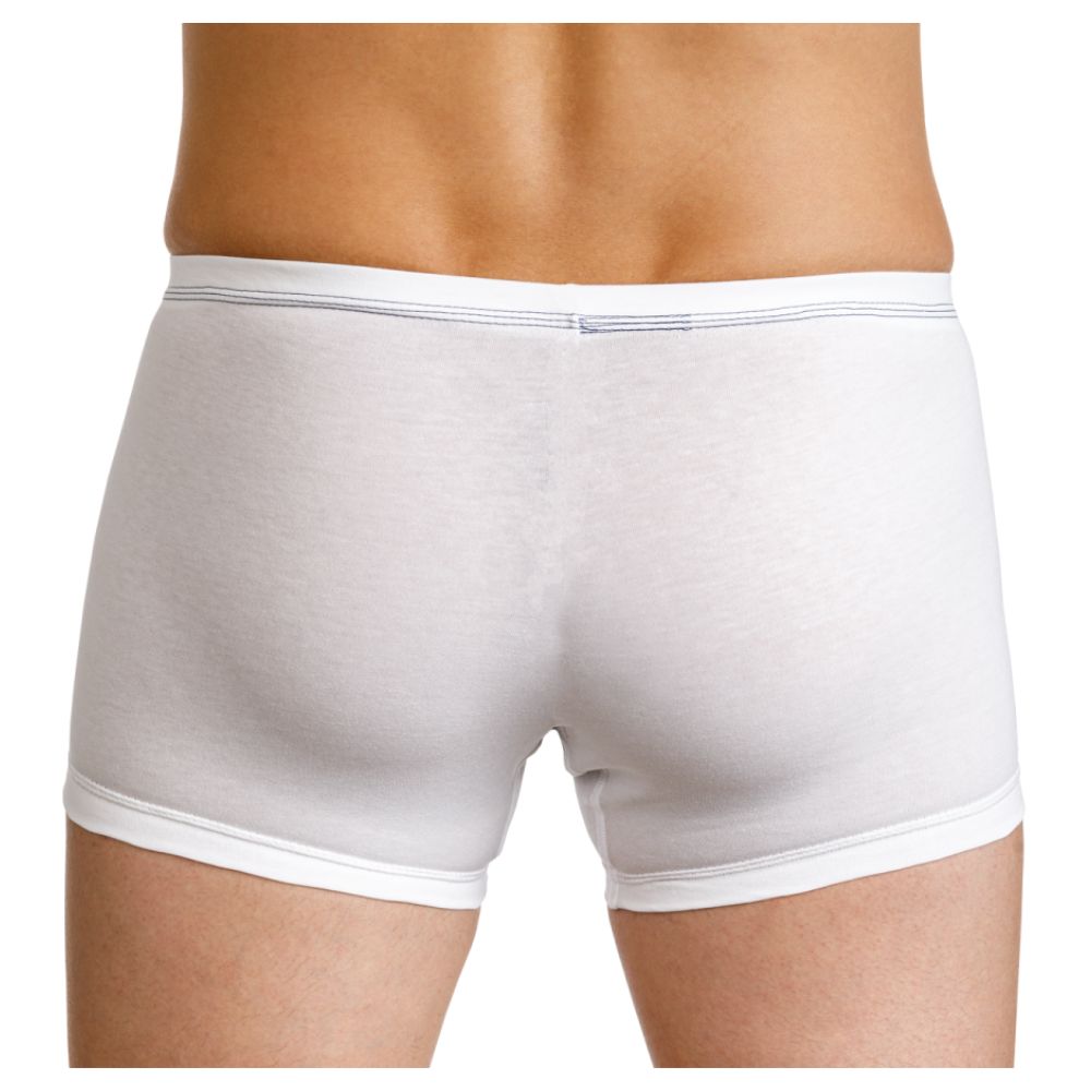 Rückansicht der weißen Inkontinenz-Shorts für Herren. Boxershorts-Form mit blauem Bund.