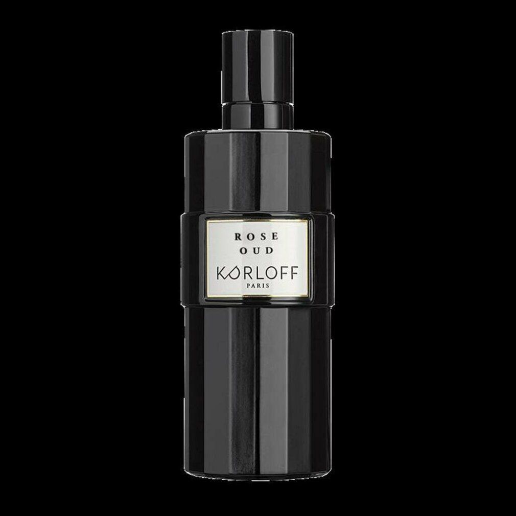 Schwarze Flasche mit weißem Etikett. Aufschrift: Rose Oud, KORLOFF PARIS. Schwarzer Verschluss.