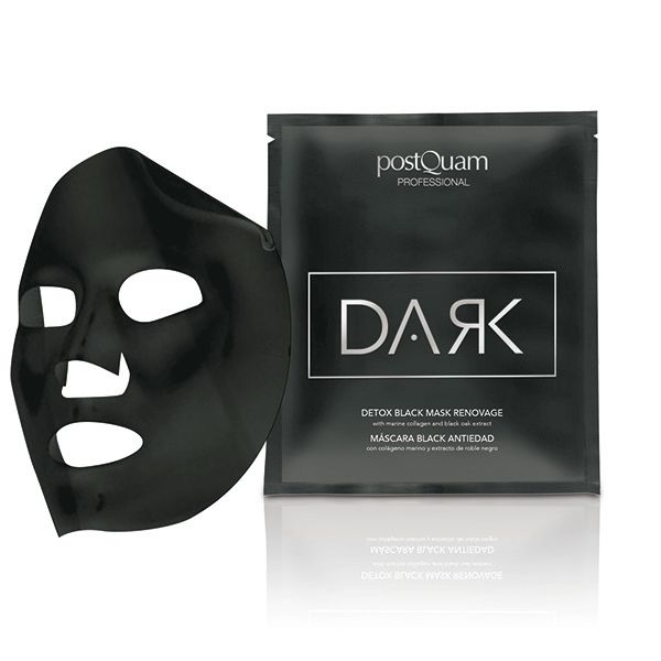 Schwarze Gesichtsmaske und Verpackung. Verpackung mit "DARK" und "postQuam PROFESSIONAL" Schriftzug. Maske mit Augen-, Nasen- und Mundöffnungen.