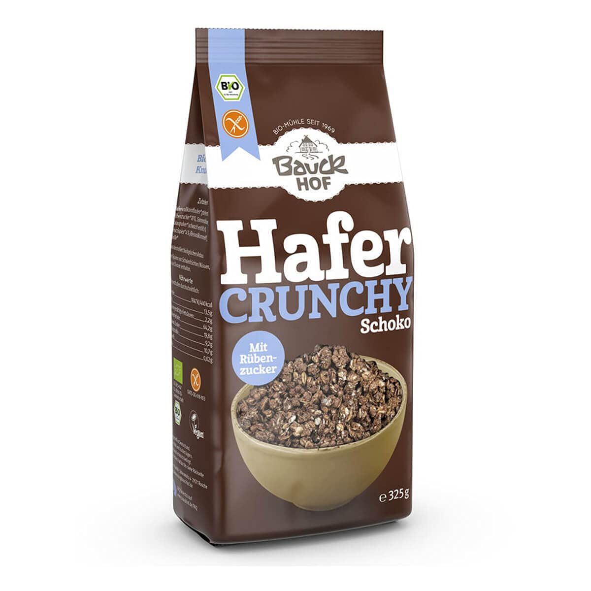 Bauckhof Hafer Crunchy Schoko glutenfrei Müsli in brauner Packung mit Nährwertangaben und Bio-Siegel.