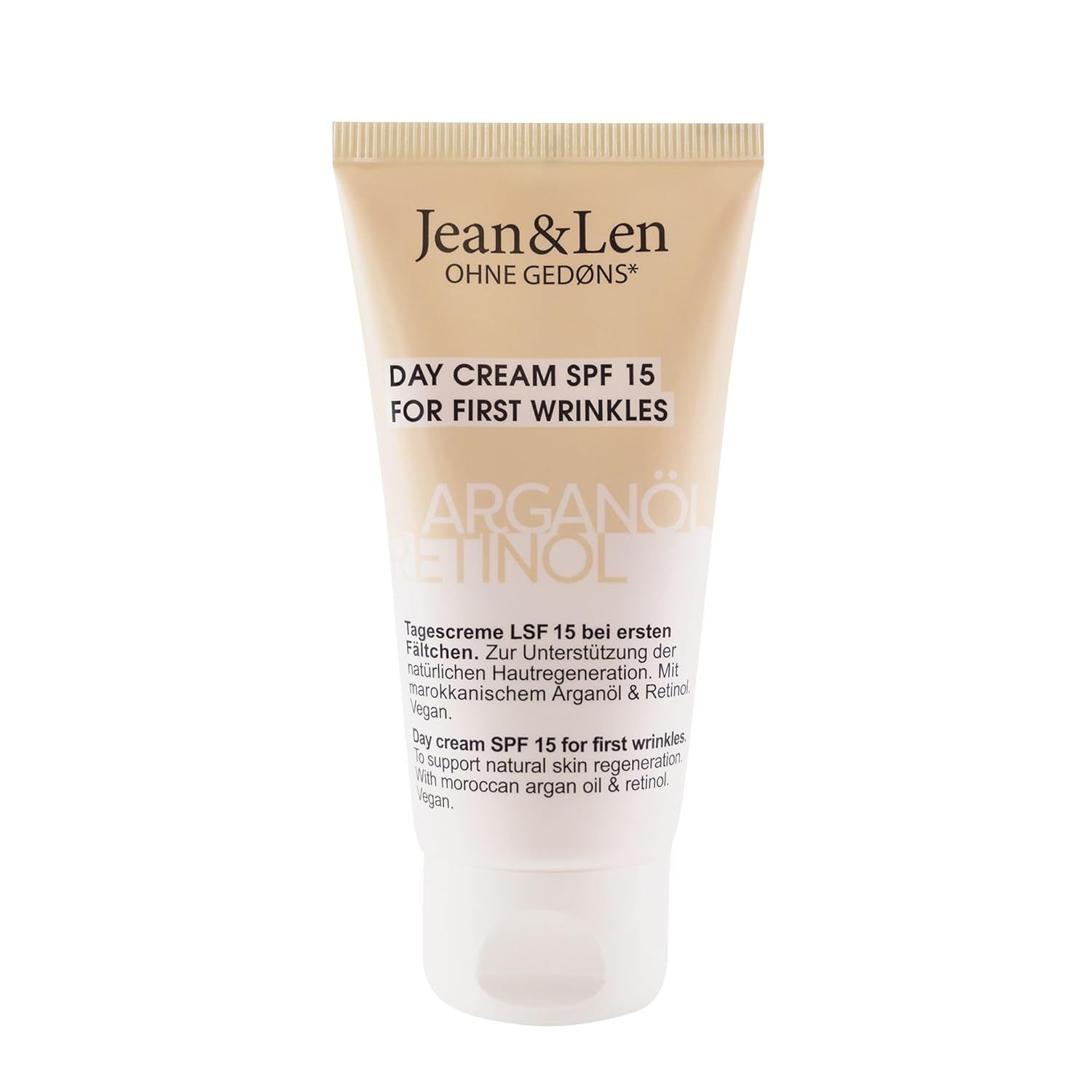 Creme-Tube mit Aufschrift Jean & Len, Tagescreme LSF 15 für erste Falten. Enthält Arganöl und Retinol.