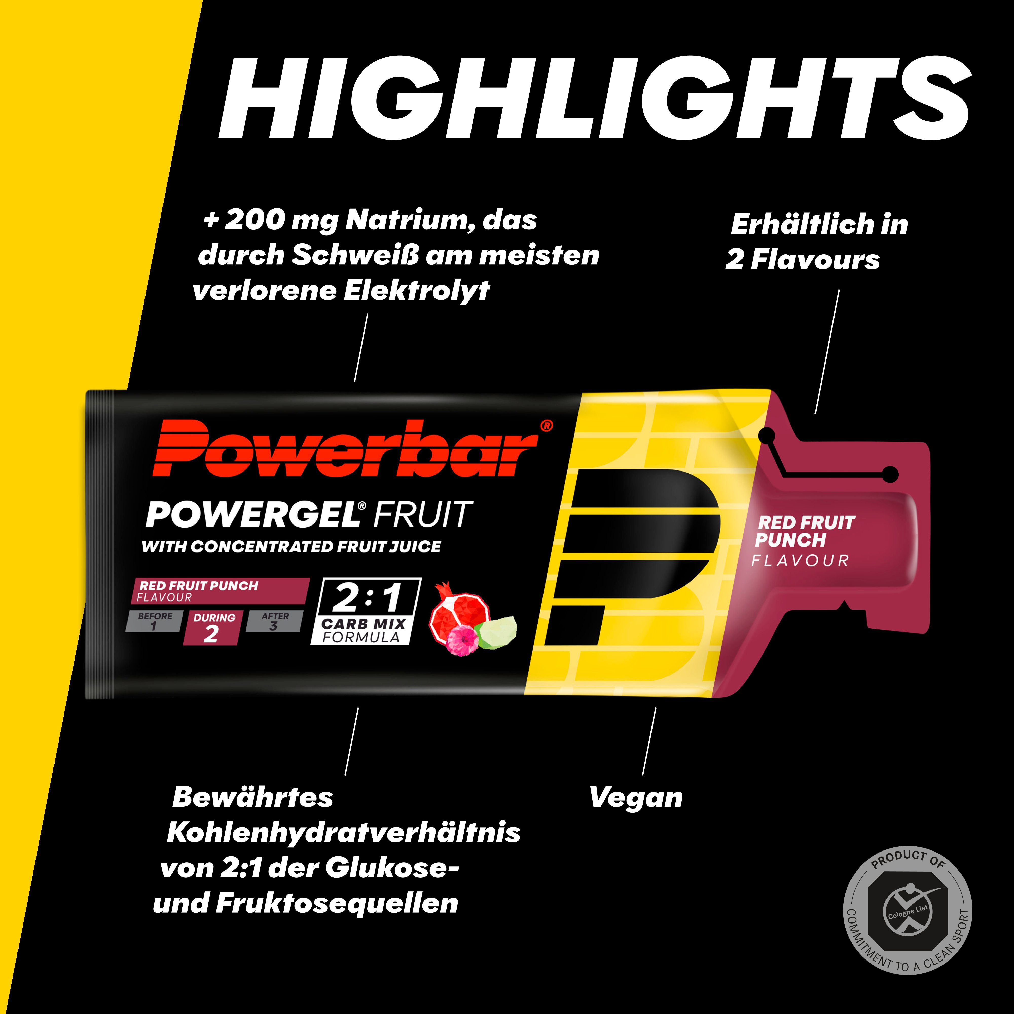PowerBar PowerGel Fruit, rote Frucht. Gel-Packung mit rotem Deckel. Aufschrift: Red Fruit Punch Flavour. 2:1 Carb Mix Formula.