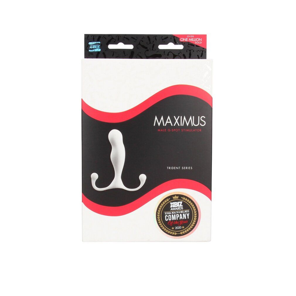 Verpackung des 'Maximus' Gleitmittel-Stimulators von ANEROS, Vorderseite mit weißem Produkt und roten Wellen.