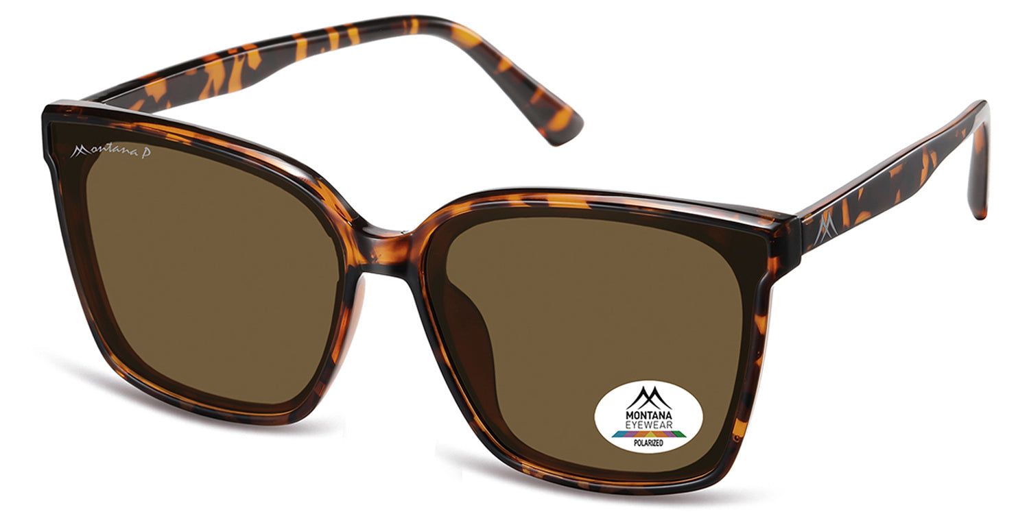 Sonnenbrille mit braunen Gläsern und Schildpatt-Rahmen. Montana Eyewear Logo auf dem Bügel und Glas. Polarisiert.