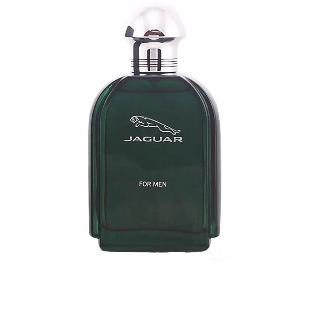 Grüne Glasflasche mit silbernem Deckel. Aufschrift: Jaguar For Men. Logo: springender Jaguar.
