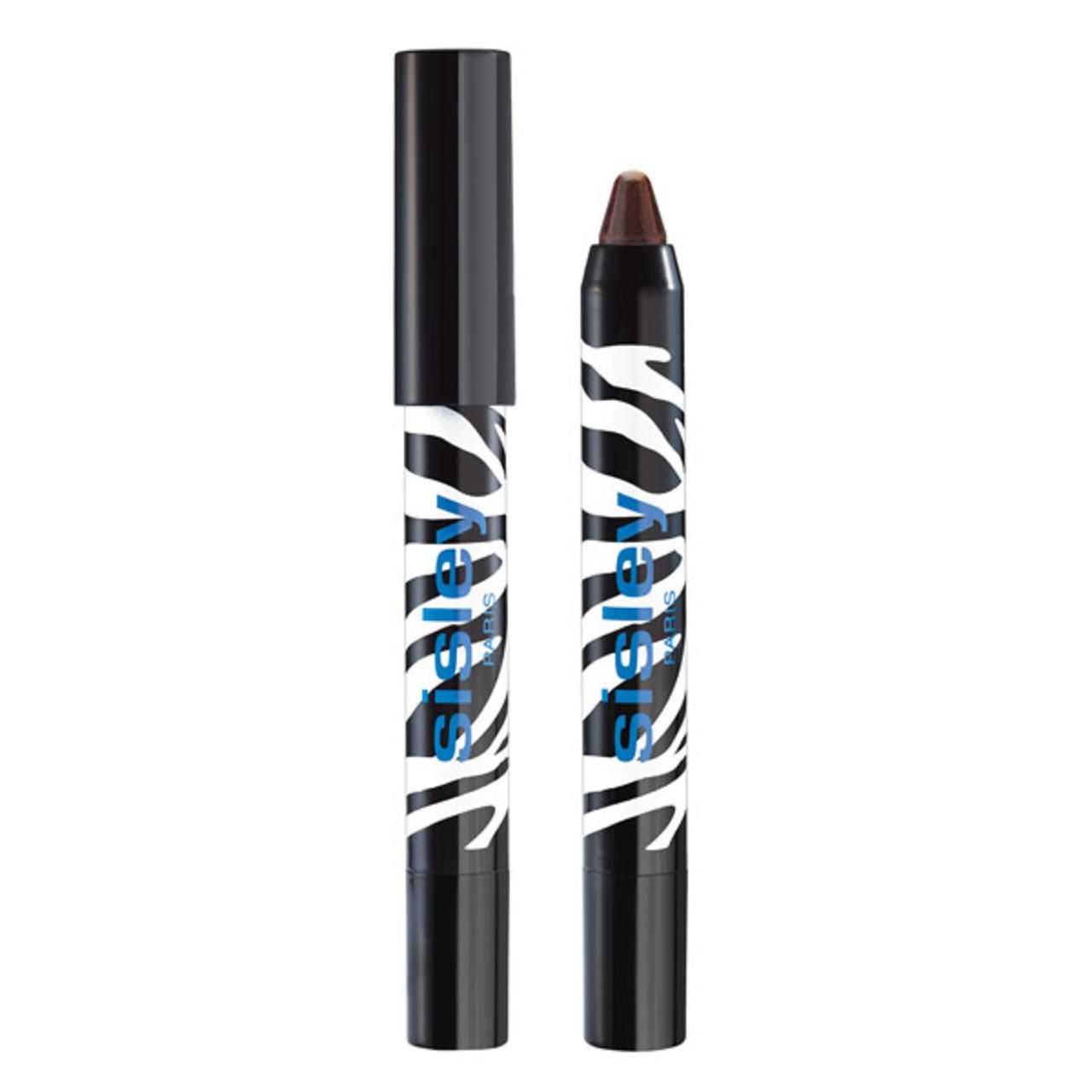 Zwei Sisley Phyto-Eye Twist Stifte. Schwarze Kappen, Zebra-Muster, blaue Schrift. Ein Stift geschlossen, einer geöffnet.