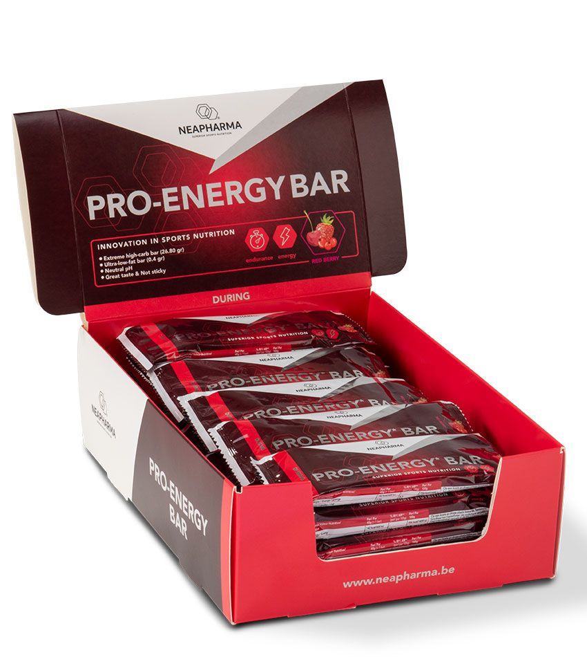 Neapharma Pro Energy Bar Rote Früchte: Geöffnete Box mit mehreren einzeln verpackten Riegeln.